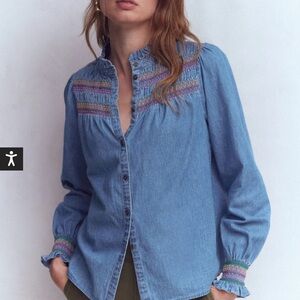 BODEN - NWT - Esme Smocked Denim Frill Top